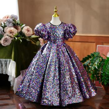 女童蓬蓬裙模特走秀紫色法式禮服
