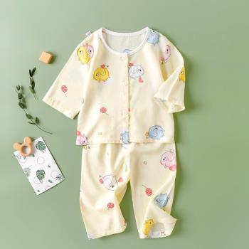 夏季男女寶寶棉綢開衫套裝睡衣嬰兒夏裝人造棉兒童綿綢居家空調服