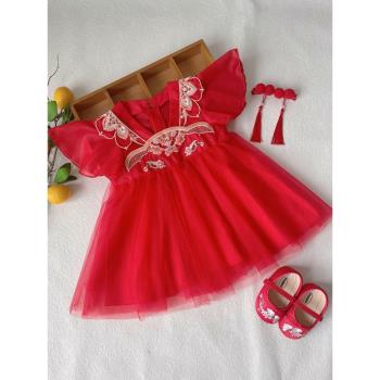 一周歲禮服女寶寶夏季中式冠衣唐裝嬰兒女寶抓周宴漢服連衣裙紅色