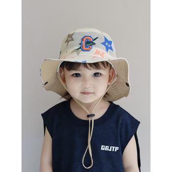 兒童遮陽帽子夏季薄款男童漁夫帽透氣網格防曬帽爵士風寶寶太陽帽