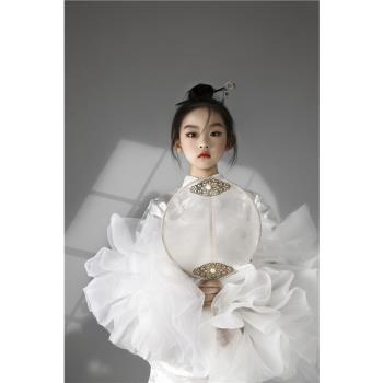 女童禮服中國風走秀服白色旗袍大紗袖兒童模特國潮古典風小主持人