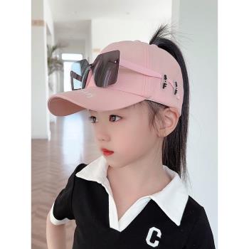 帶墨鏡夏季兒童棒球帽女童可扎高馬尾後空頂防曬鴨舌帽薄款遮陽帽