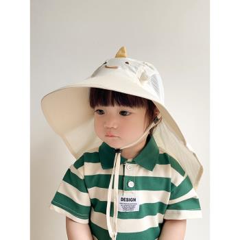 寶寶防曬帽子夏季薄款戶外大檐遮陽披肩漁夫帽網格透氣兒童太陽帽