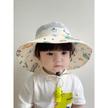 恐龍圖案防曬帽子夏季男寶寶網面漁夫太陽帽夏天嬰兒童大檐遮陽帽