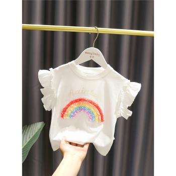 【3折】1-5歲女寶寶彩虹T恤女嬰兒夏裝薄款女童短袖純棉上衣