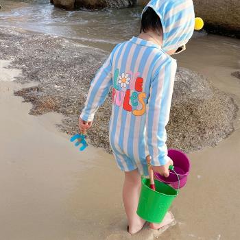 兒童夏季長袖防曬泳衣ins條紋連體泳裝男女寶寶海邊游泳速干衣潮