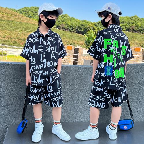 男童酷帥夏裝套裝短袖襯衫中大童2026新款潮牌棉綢炸街小男孩襯衣