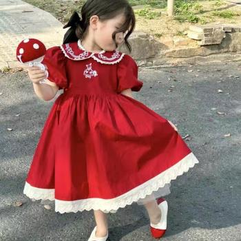 女童連衣裙夏裝2024新款洋氣寶寶紅色宮廷風泡泡袖公主裙演出禮服