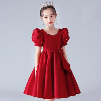 兒童禮服洋氣緞面公主裙主持人鋼琴演奏演出服女童生日紅色晚禮服
