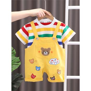 男童洋氣短袖背帶褲套裝寶寶薄款夏裝兒童運動韓版潮童裝嬰兒衣服