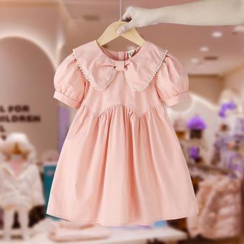 女童連衣裙夏裝2023新款兒童裝小女孩洋氣娃娃領純棉粉色公主裙潮