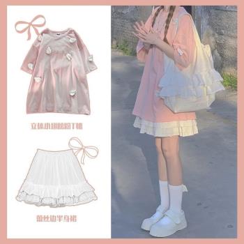 女童粉色純棉短袖t恤套裝2023夏裝新款中大童連衣裙洋氣時髦裙子