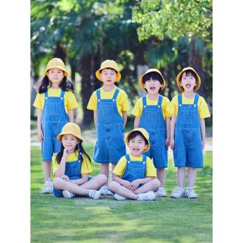六一兒童裝小黃人舞蹈男女童牛仔背帶短褲套裝幼兒園啦啦隊演出服