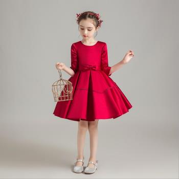 兒童紅色長袖短款公主鋼琴晚禮服