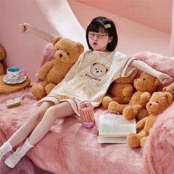 泰迪熊聯名女童睡衣夏季純棉短袖兒童套裝卡通可愛大童女孩家居服