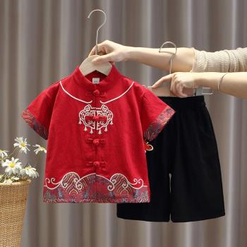 周歲禮服男寶寶夏天短袖套裝兒童中國風唐裝男童漢服中式抓周衣服