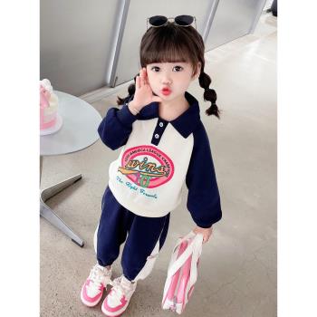 女童長袖套裝翻領洋氣寶寶春秋季運動兩件套韓系兒童秋裝時髦衣服