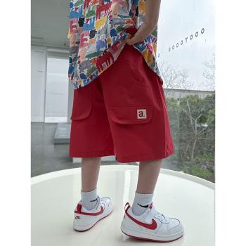 熊貓圓圓男童短褲夏季2023新款兒童薄款透氣紅色褲子休閑時尚童裝