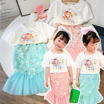 美人魚公主裙兒童T魚尾裙2023新款連衣裙夏季半身裙女童網紅套裝