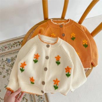 Ins韓版嬰兒衣服春秋裝女寶寶復古針織繡花開衫小童秋季洋氣外套