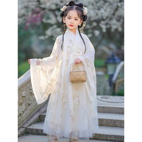 兒童漢服女童超仙宋制魏晉風米白色大童漢服古風親子裝演出春秋款