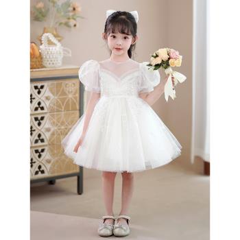 女童公主裙禮服2024新款兒童洋氣女孩白色裙子秋季蓬蓬紗裙連衣裙