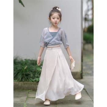 夏季女童漢服短袖中國風復古中小童宋制簡約套裝新中式國風溫柔
