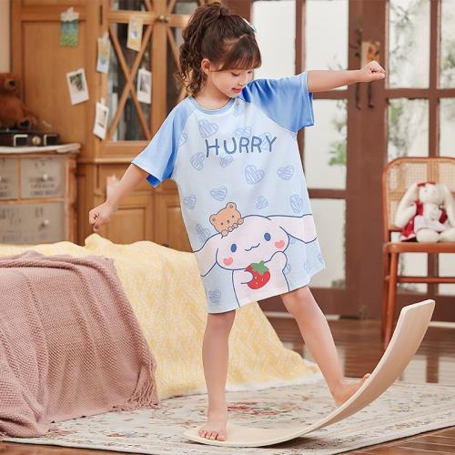 女童睡裙玉桂狗夏季純棉短袖中大童家居服薄款小女孩公主兒童睡衣
