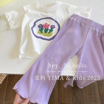 韓版童裝女童時髦洋氣喇叭褲夏裝兒童紫色休閑長褲女寶寶百搭褲子