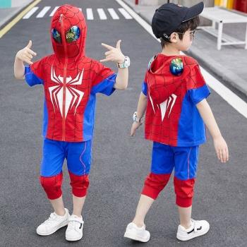 男童夏季蜘蛛俠套裝輕薄透氣男孩7分褲夏裝超人運動純棉兩件套潮