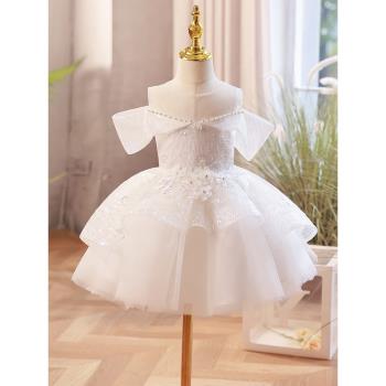 女寶寶周歲春季白色短袖兒童禮服