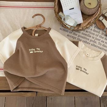 100%純棉男童短袖t恤寶寶夏裝字母印花嬰兒童裝拼接插肩袖上衣服