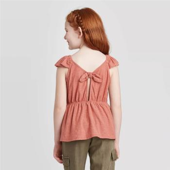 4-18歲澳系女孩女童小飛袖吊帶荷葉邊上衣t恤背后小心機裙擺式夏