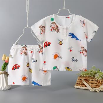 夏季兒童綿綢睡衣人造棉空調服寶寶衣服兒童棉綢套裝薄款短款男女