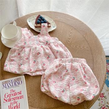 韓版嬰兒衣服夏季套裝薄款女寶寶洋氣背心裙上衣花苞褲分體兩件套