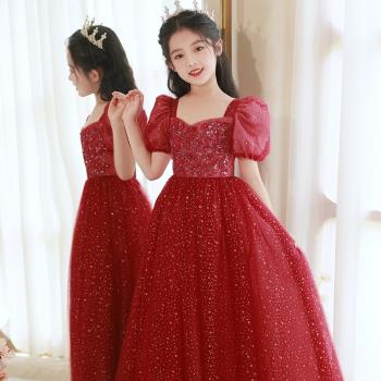 紅色禮服女童高端公主裙兒童主持人小花童婚禮鋼琴演奏演出服春季