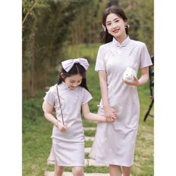 紫色兔子親子裝旗袍連衣裙母女裝復古改良雙襟傳統中國風裙子短袖