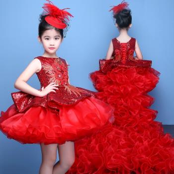 兒童禮服公主裙紅色女童模特走秀高端小女孩洋氣蓬蓬紗鋼琴演出服