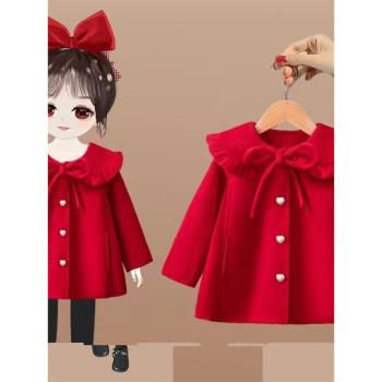 女童秋冬裝紅色公主風中長款外套2022新款中小童洋氣時髦毛呢大衣