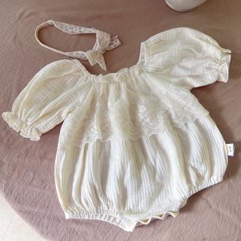 韓國嬰兒夏裝女寶寶公主泡泡袖包屁衣純棉哈衣百日宴周歲禮服套裝