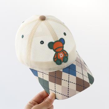 寶寶遮陽帽子夏季時尚網眼小熊鴨舌帽男嬰兒童薄款防曬透氣棒球帽