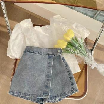 韓版蕾絲牛仔短褲女寶時髦襯衫