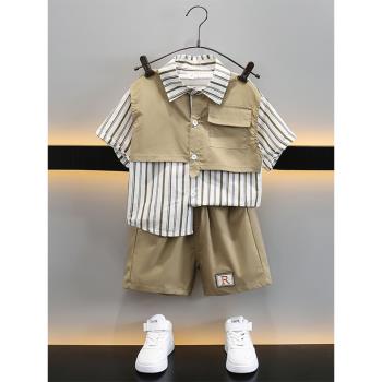 男童夏季襯衫套裝2023新款寶寶網紅短袖衣服小男孩兒童酷帥氣童裝