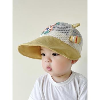嬰兒防曬帽子夏季男童卡通小熊網格太陽帽寶寶夏天透氣大檐遮陽帽