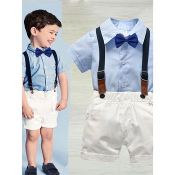 男童帥氣襯衫背帶褲套裝1-3-5歲寶寶周歲宴禮服幼兒園表演服西裝2