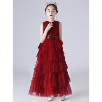 女童禮服公主裙紅色高端蓬蓬裙演出服2023新款兒童鋼琴演奏表演服