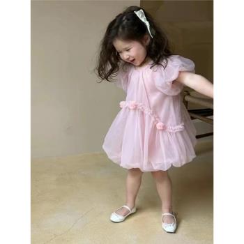 女童連衣裙2023夏女寶球球燈籠袖仙女裙兒童軟紗輕薄粉色公主紗裙