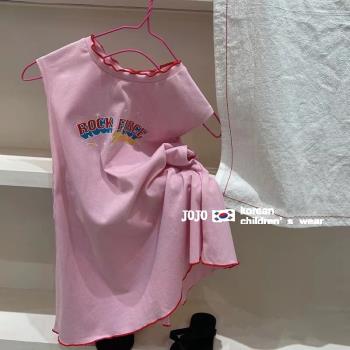 韓版童裝女童粉色連衣裙夏季兒童無袖裙子寶寶可愛印花純棉背心裙
