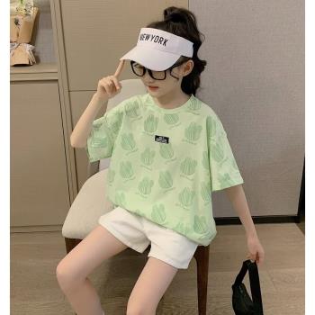 短袖T恤女童夏裝洋氣2024上衣新款韓版中大童時髦潮童裝薄款兒童