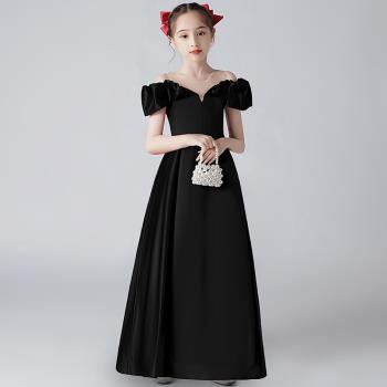 鋼琴演奏禮服女童演出服高階黑色公主裙生日兒童主持人晚禮服洋氣
